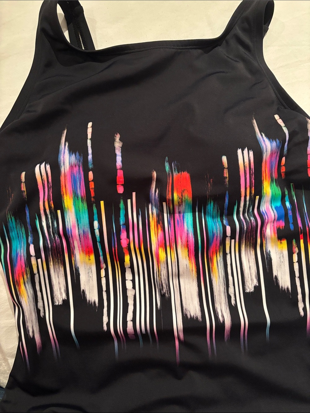 Black One-Piece Swimsuit Sz 12 NWTs with Multicolor Brushstroke Print - Picture 6 of 8